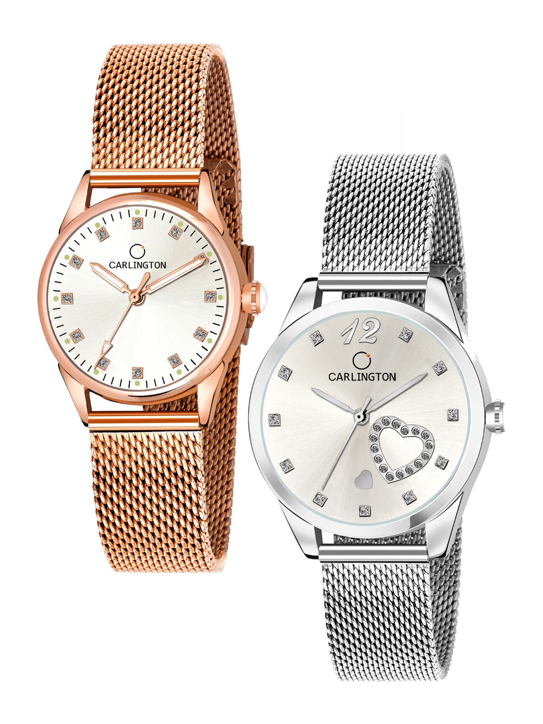 

CARLINGTON Women Set Of 2 Multicoloured Embellished Dial & Stainless Steel Bracelet Straps Watch CT2003 RoseWhite-CT2006 Silver, Multi