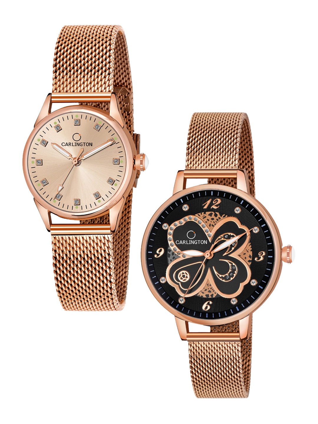 

CARLINGTON Women Pack of 2 Rose Gold Toned Bracelet Style Straps Watches