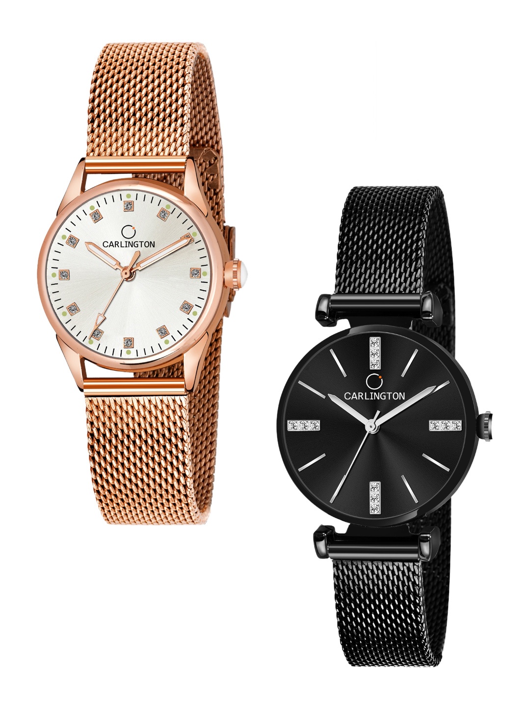 

CARLINGTON Women Set of 2 Analogue Watch CT2003 RoseWhite-CT2011 Black, Rose gold