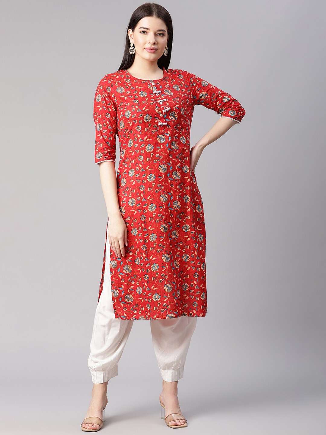 

Sringam Women Red & Blue Ethnic Motifs Printed Cotton Kurta