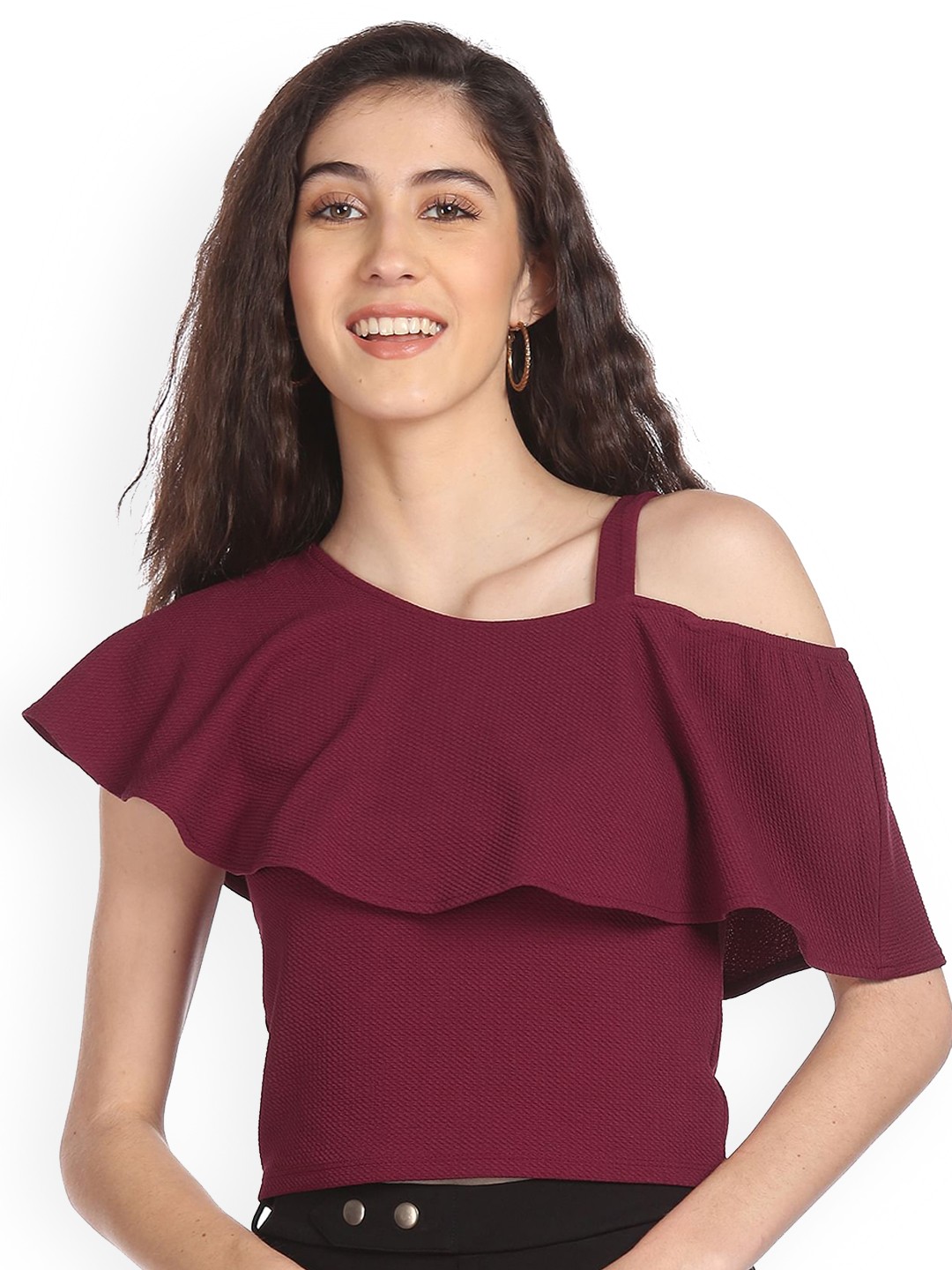 

Sugr Women Wine-Coloured Patterned One Shoulder Top, Burgundy