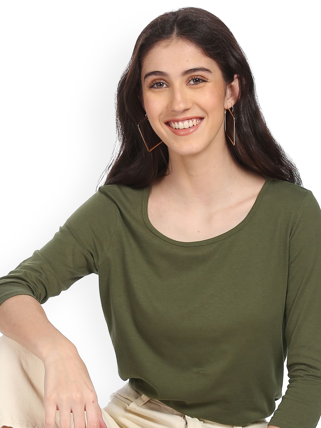 

Sugr Women Olive Green Pure Cotton T-shirt