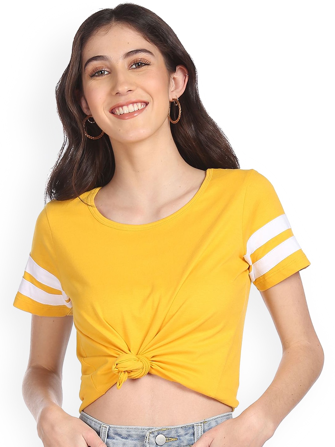 

Sugr Women Yellow V-Neck Drop-Shoulder Sleeves Raw Edge T-shirt