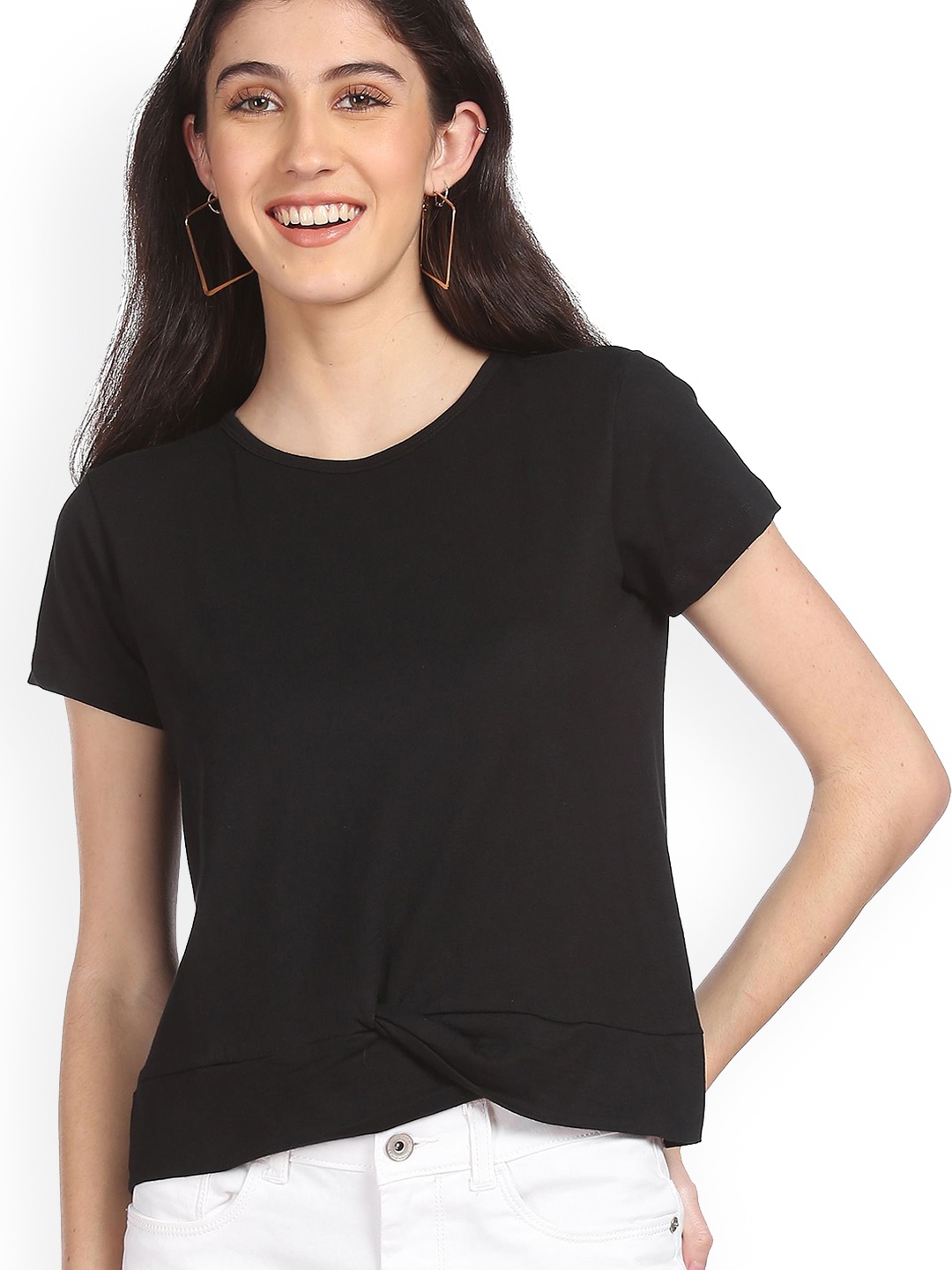 

Sugr Women Black Extended Sleeves Raw Edge T-shirt