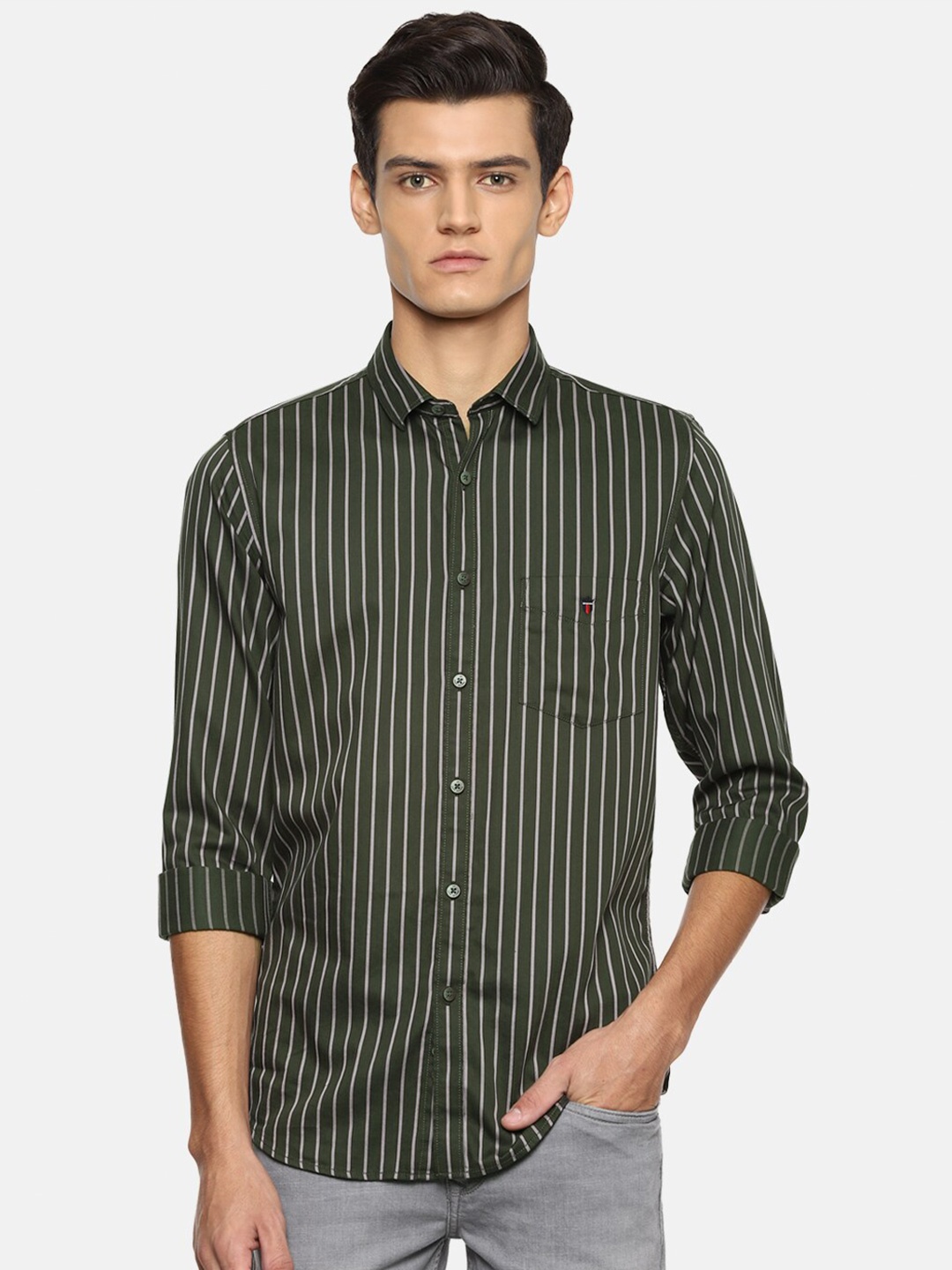 

Louis Philippe Sport Men Olive Green Slim Fit Striped Casual Shirt