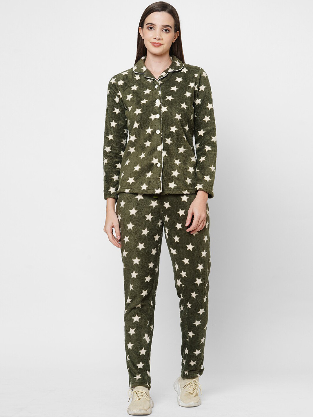 

Sweet Dreams Set Of 2 Women Olive Green & White Printed Night suit
