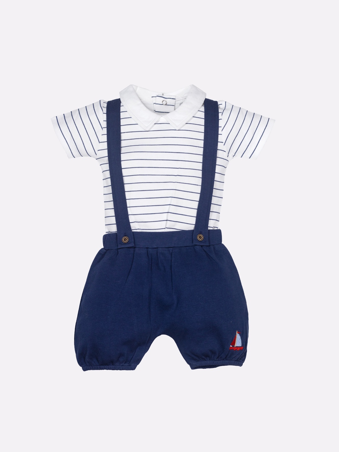 

BABY GO Boys Navy Blue & White Solid Pure Cotton Dungarees With T-Shirt
