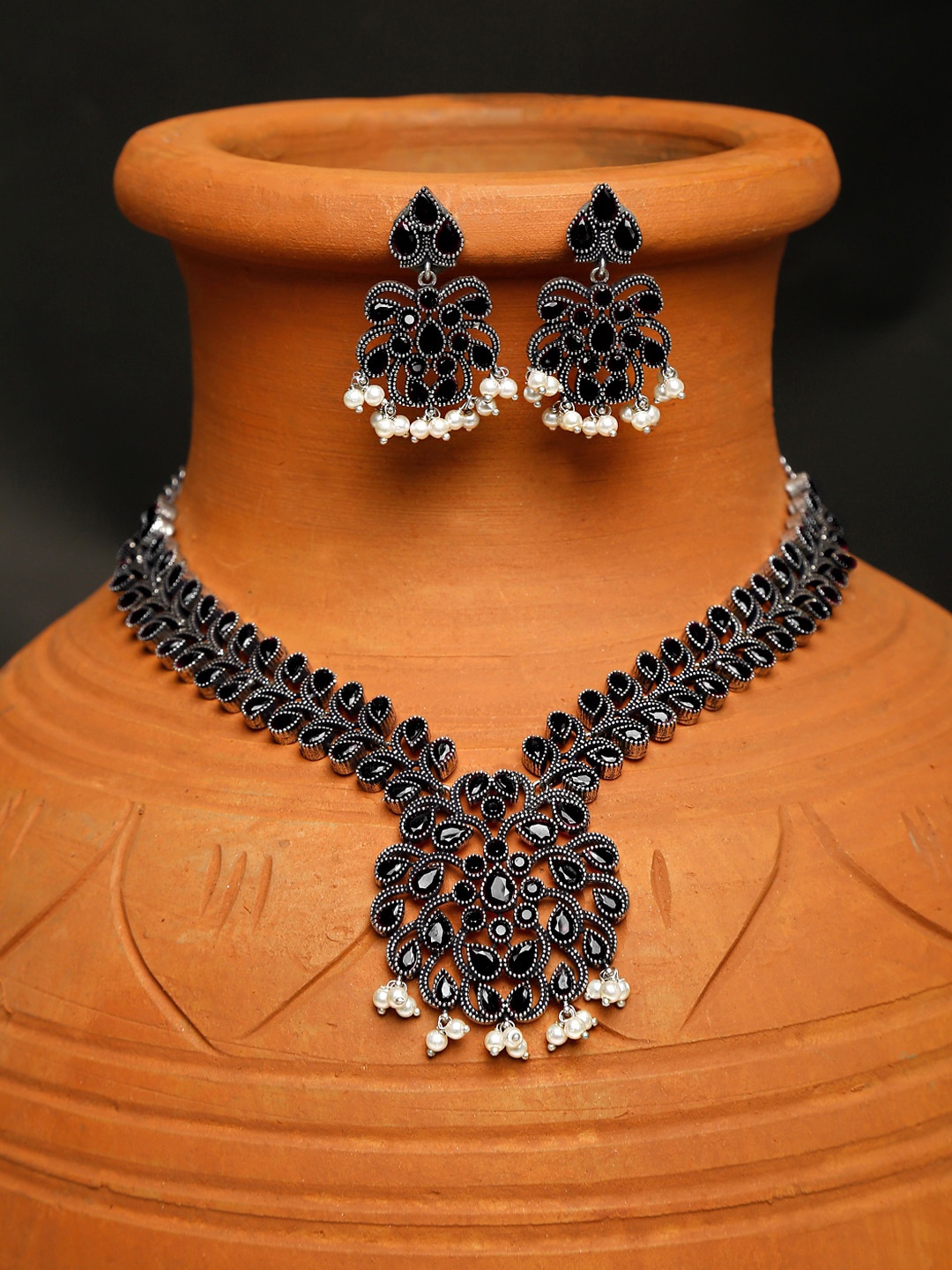 

Yellow Chimes Silver-Plated & Black Oxidised Stone-Studded Jewellery Set
