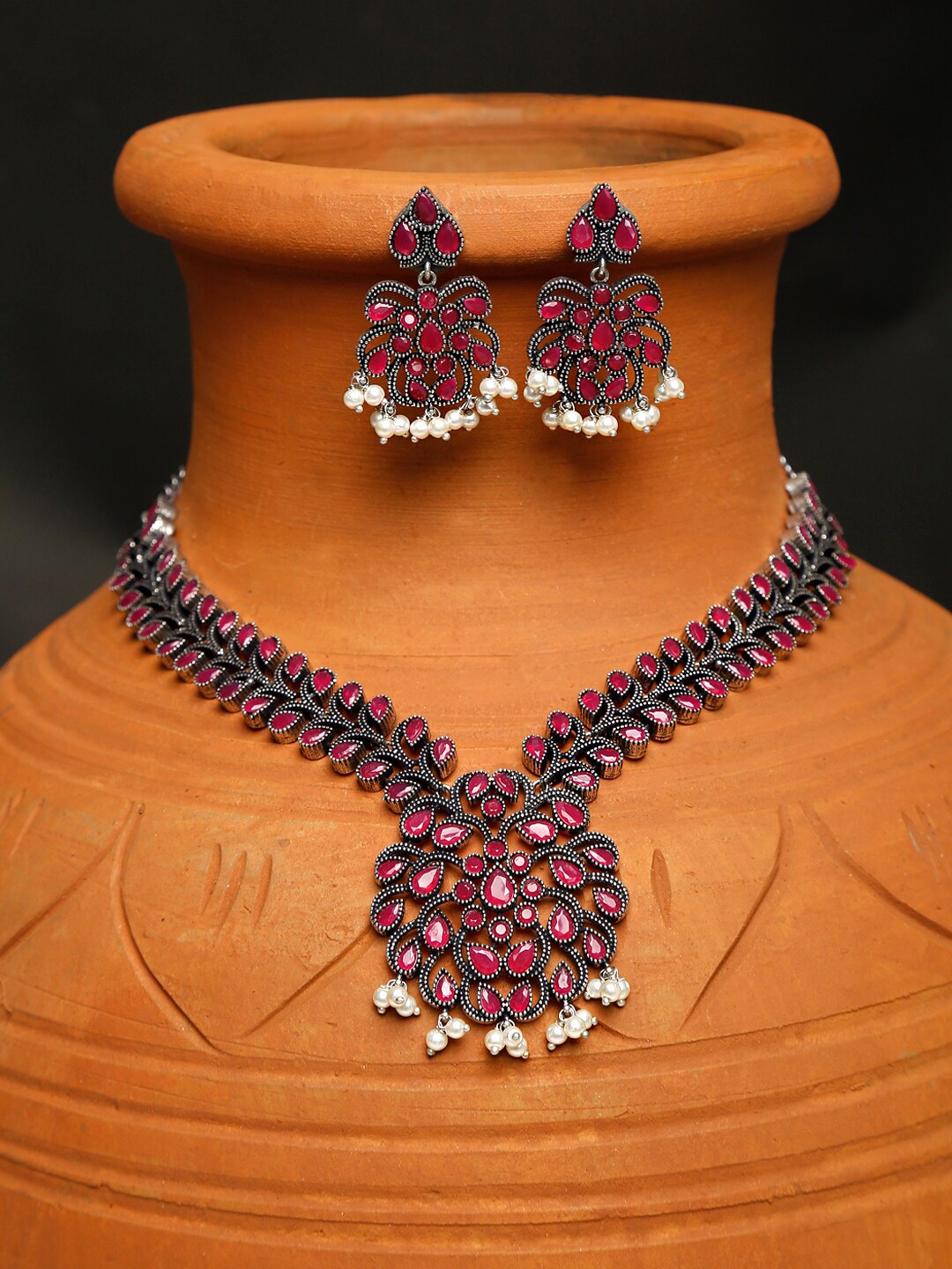 

Yellow Chimes Oxidised Silver-Plated & Pink Stones-Studded Jewellery Set