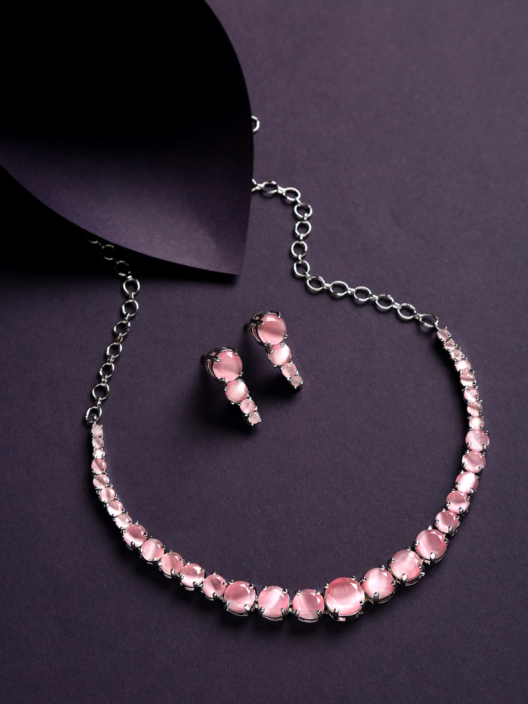 

Yellow Chimes Rhodium-Plated Rose Gold-Toned & Pink AD-Studded Jewellery Set