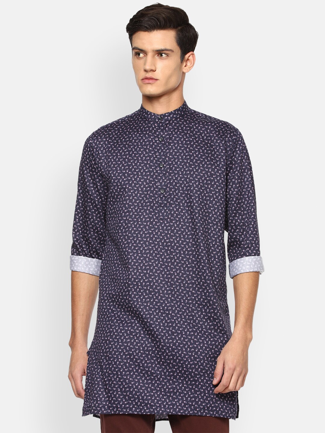 

V Dot Men Navy Blue Slim Fit Printed Pure Cotton Kurta Style Shirt