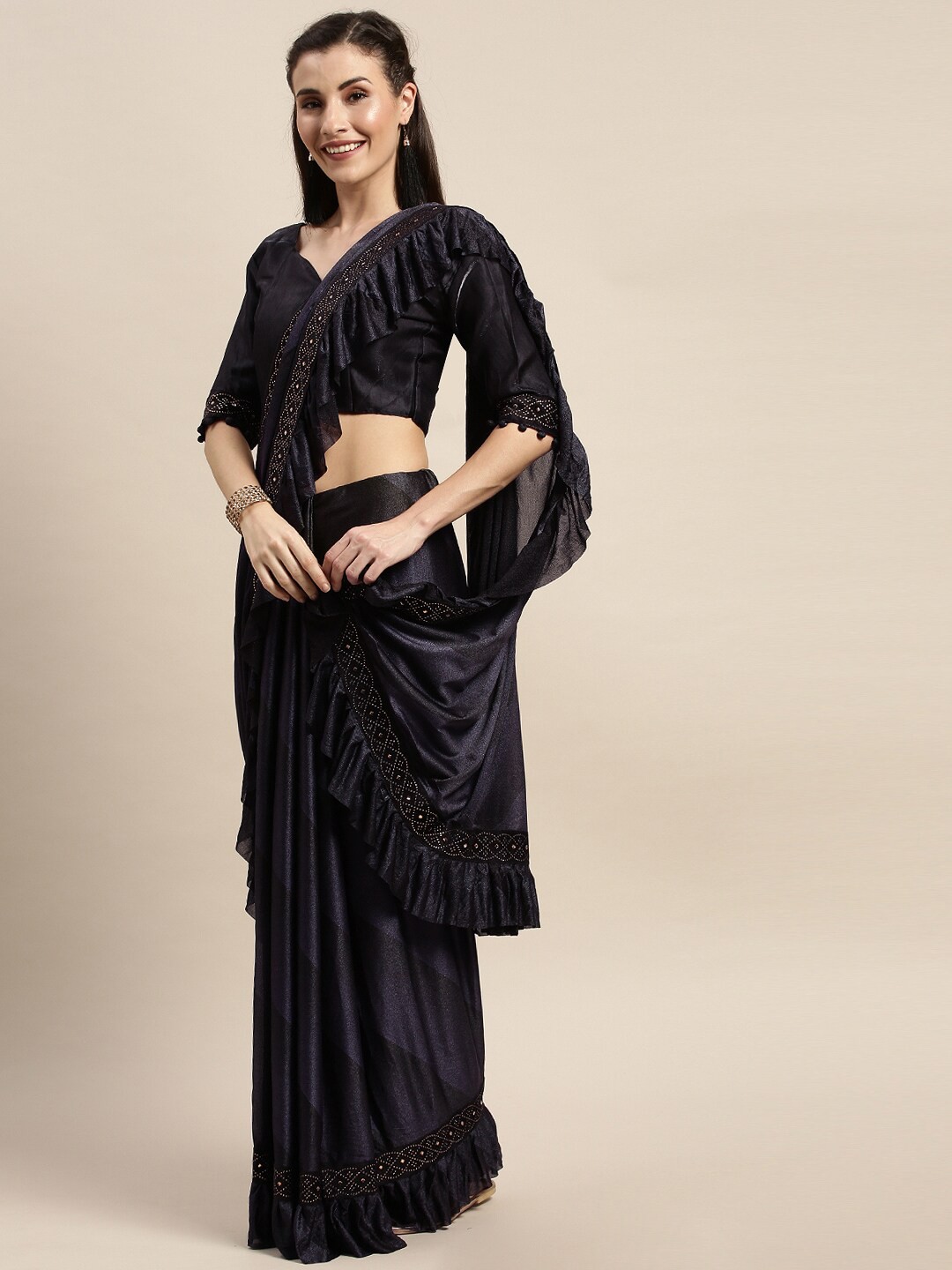 

Amrutam Fab Purple Beads and Stones Silk Blend Block Print Saree
