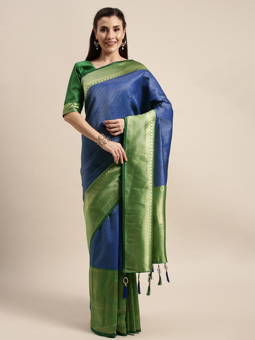 

Amrutam Fab Navy Blue & Green Ethnic Motifs Zari Silk Blend Banarasi Saree
