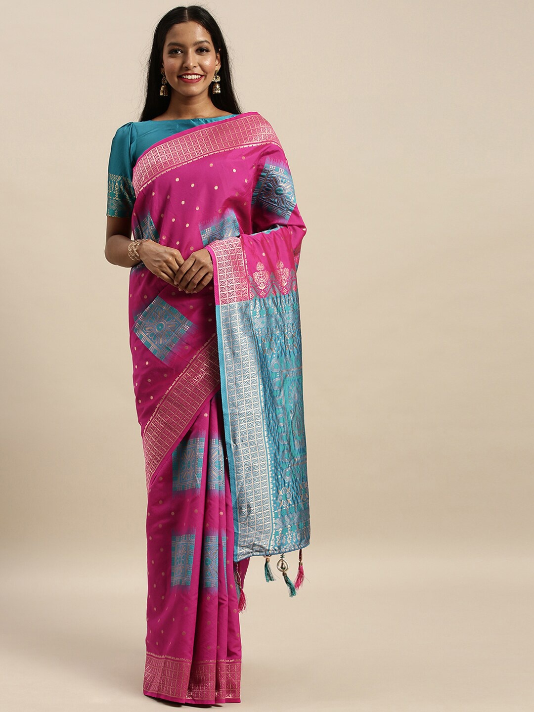 

Amrutam Fab Turquoise Blue & Magenta Ethnic Motifs Silk Blend Banarasi Saree
