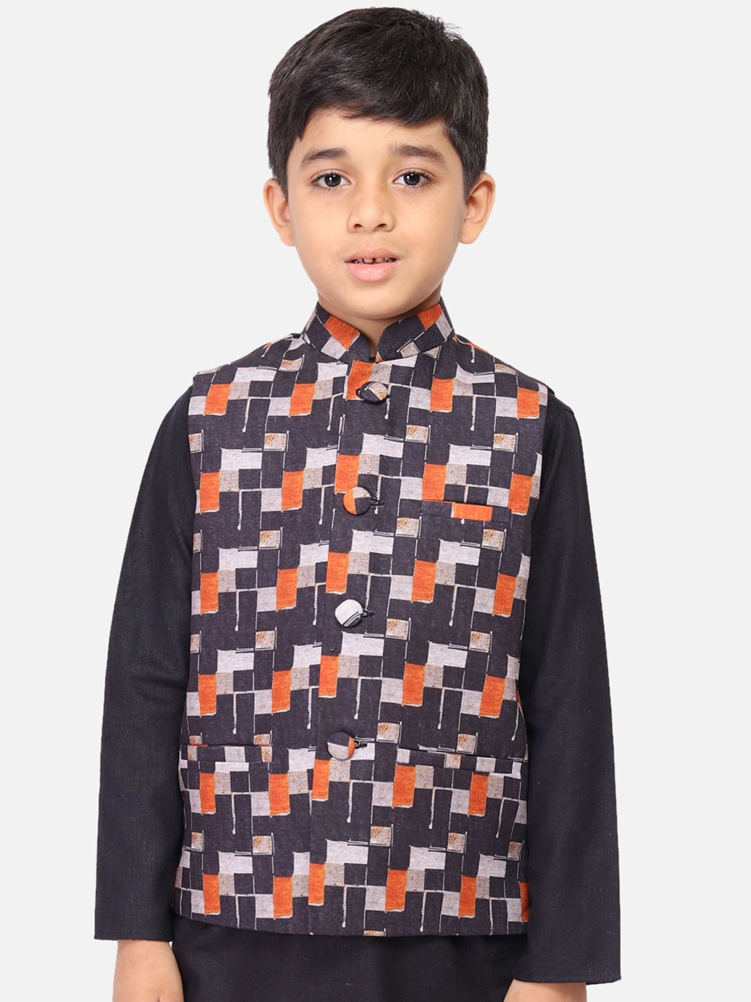 

TABARD Boys Black & Orange Printed Pure Cotton Nehru Jacket