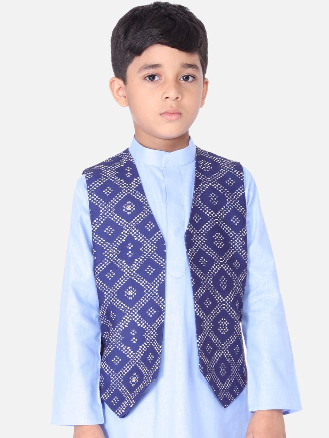 

TABARD Boys Blue & White Printed Pure Cotton Nehru Jacket