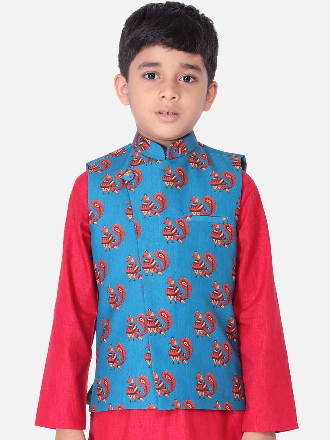 

TABARD Boys Blue & Red Printed Pure Cotton Nehru Jacket