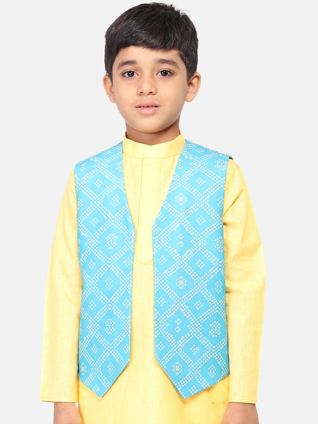 

TABARD Boys Blue & White Printed Pure Cotton Nehru Jacket