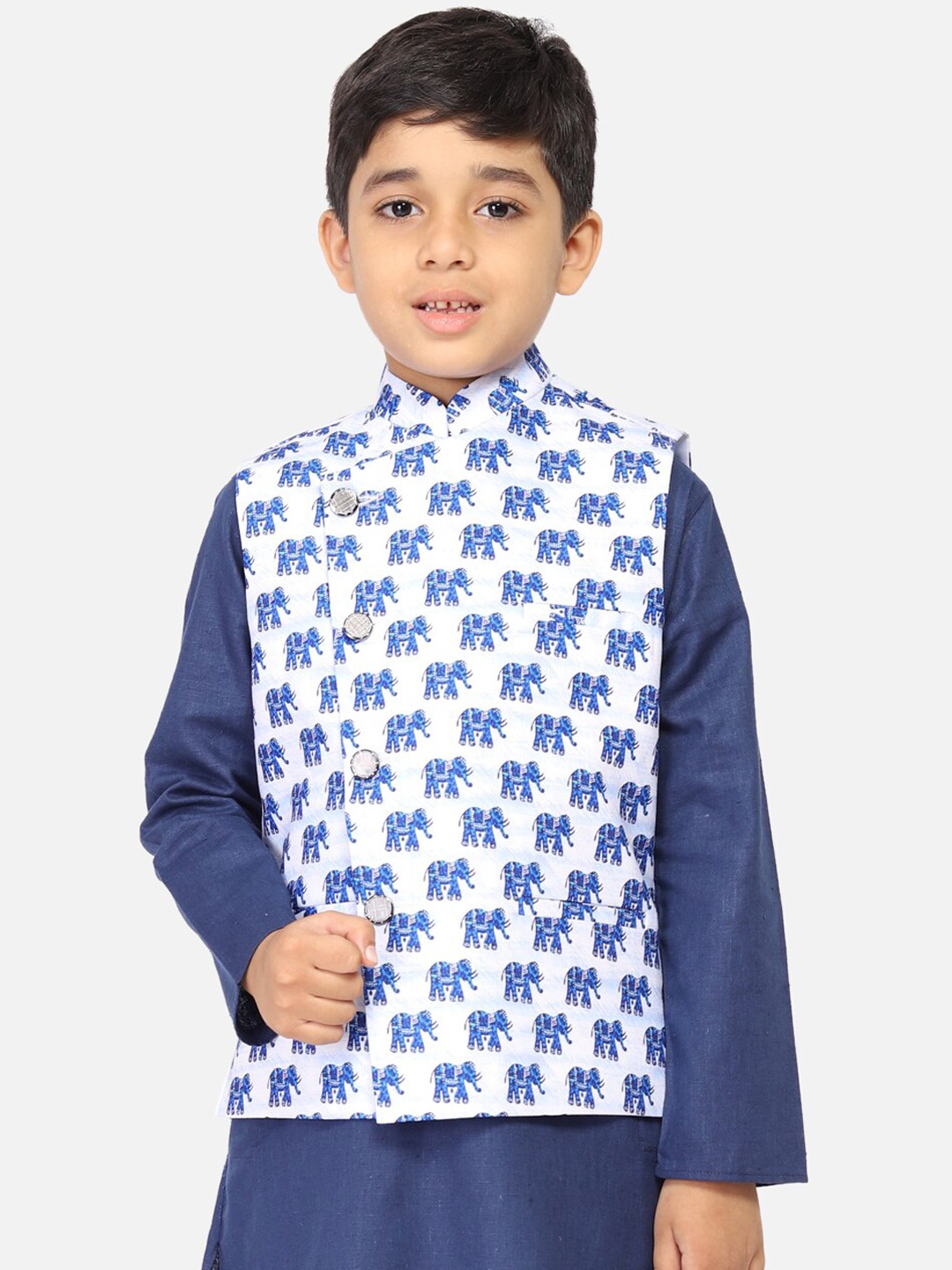 

TABARD Boys Blue & White Printed Pure Cotton Woven Nehru Jacket
