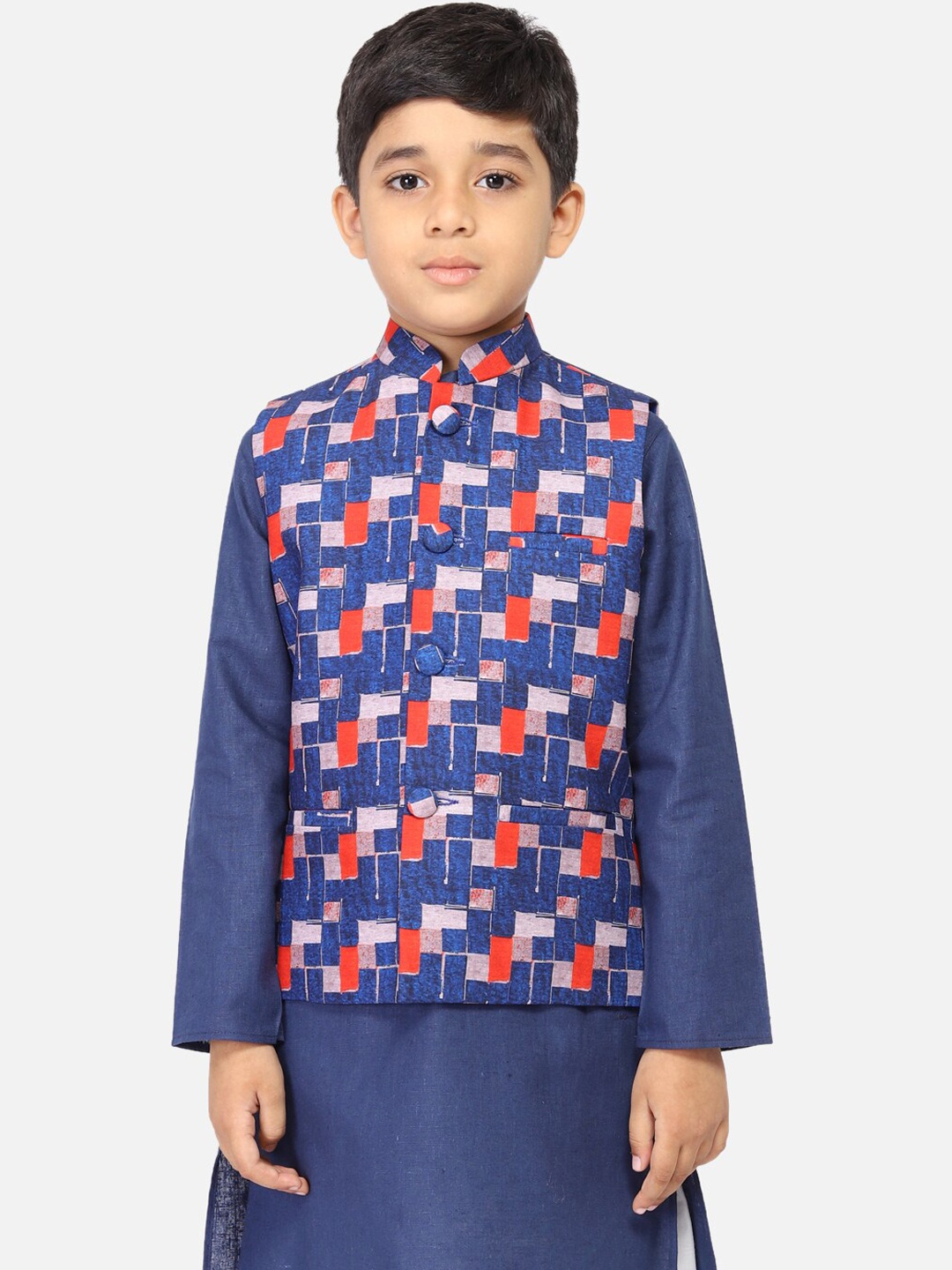

TABARD Boys Blue & Orange Printed Pure Cotton Nehru Jacket