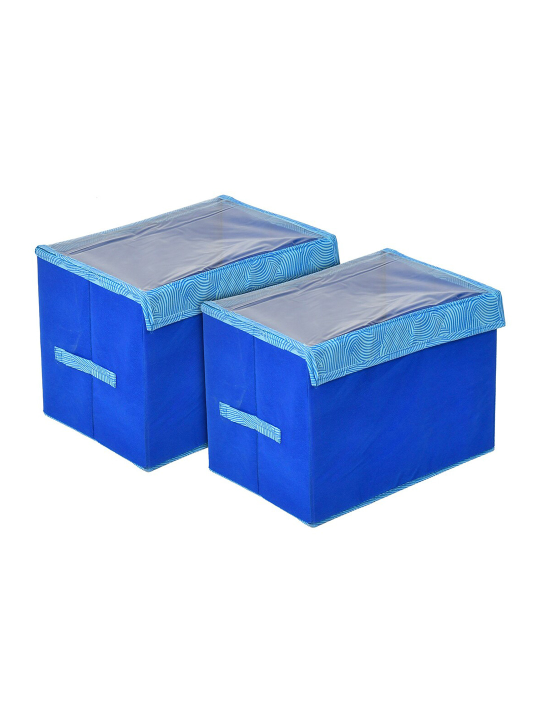 

Kuber Industries Set Of 2 Blue Lehariya Printed Large Storage Box With Tranasparent Lid