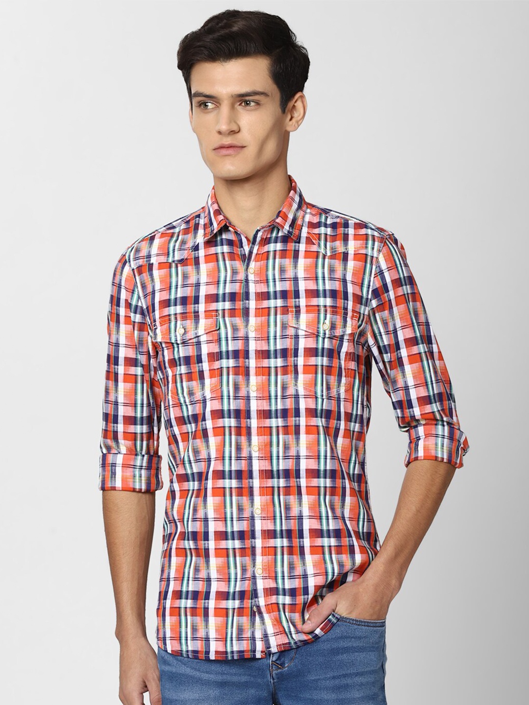 

Peter England Casuals Men Orange Slim Fit Tartan Checks Checked Casual Shirt
