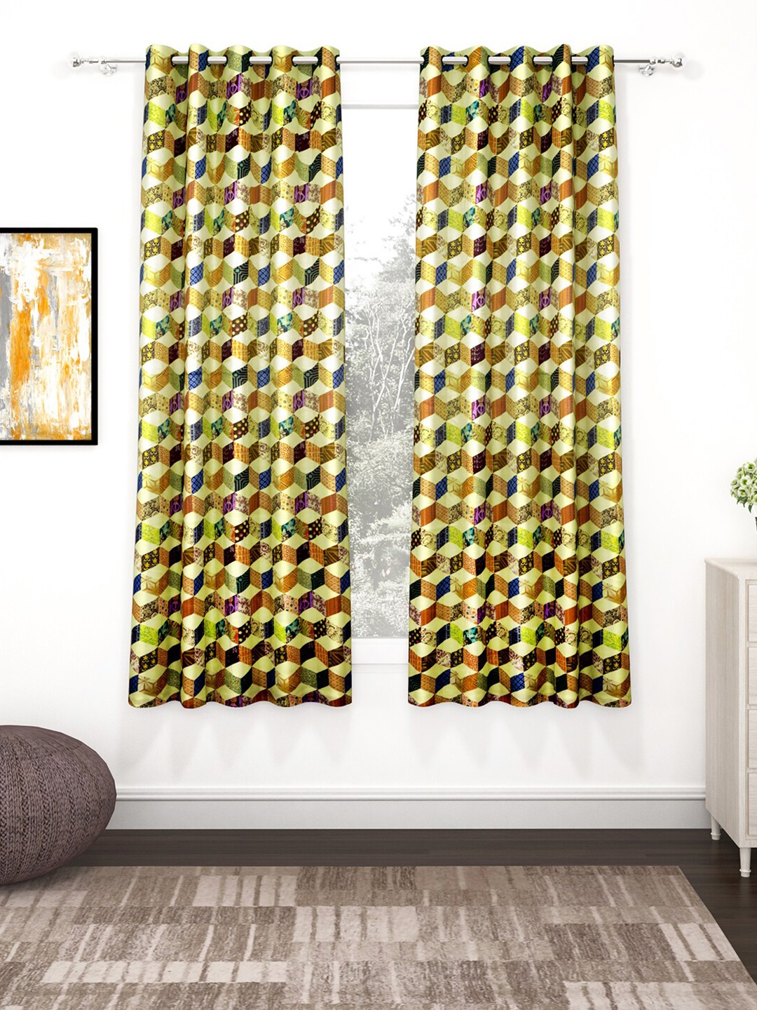 

Story@home Green & Brown Set of 2 Geometric Window Curtain