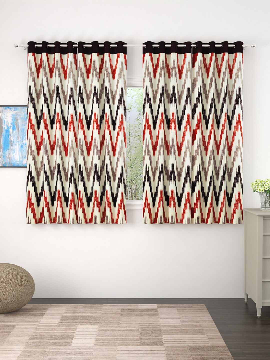 

Story@home White & Brown Set of 4 Geometric Window Curtain