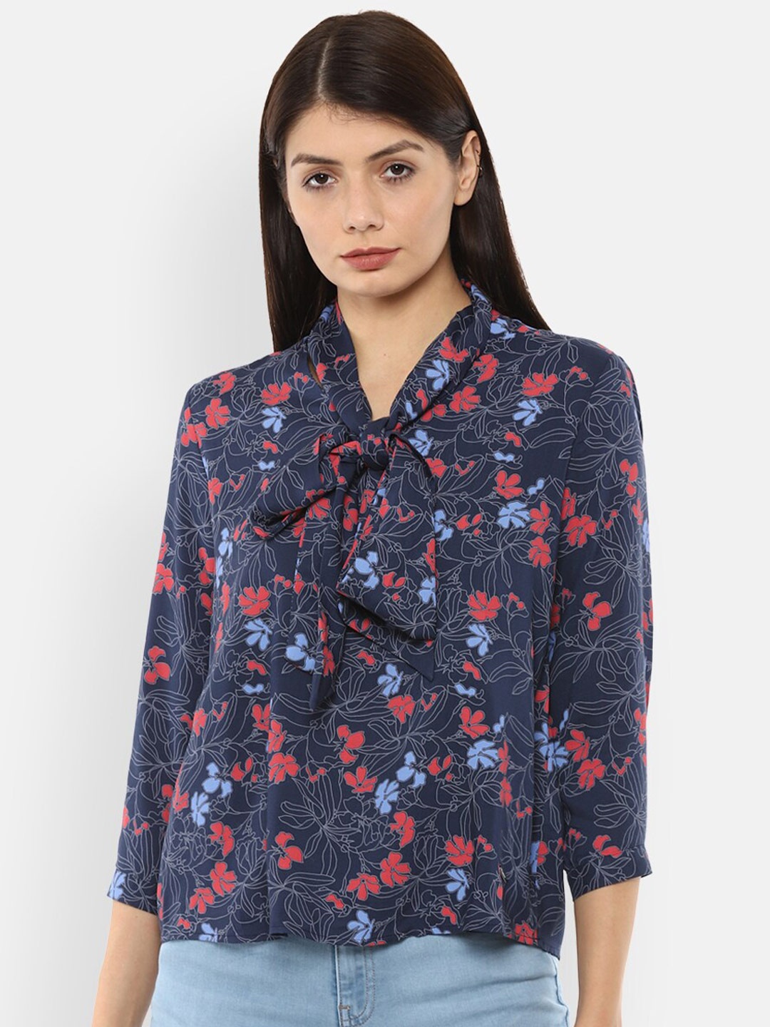 

Van Heusen Woman Navy Blue & Red Floral Print Tie-Up Neck Top