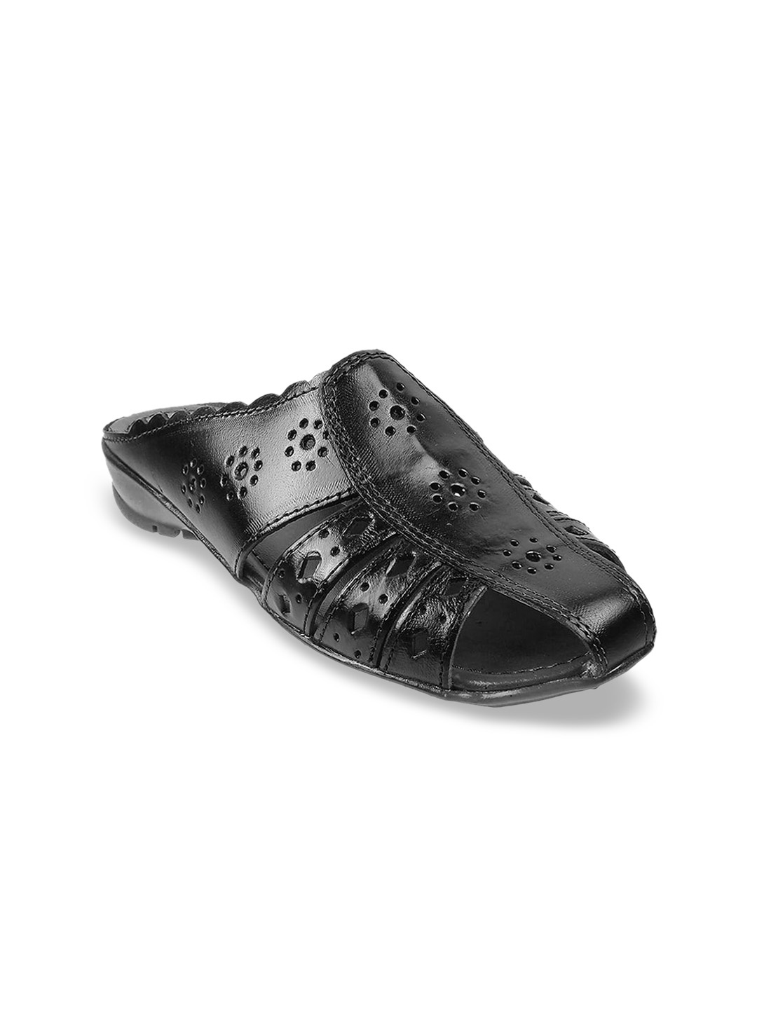 

Mochi Women Black Textured Leather Mules with Laser Cuts Flats