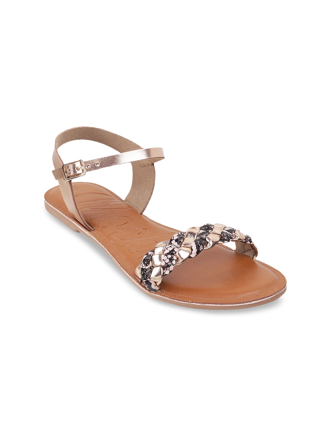 

Mochi Women Gold-Toned Printed Open Toe Flats