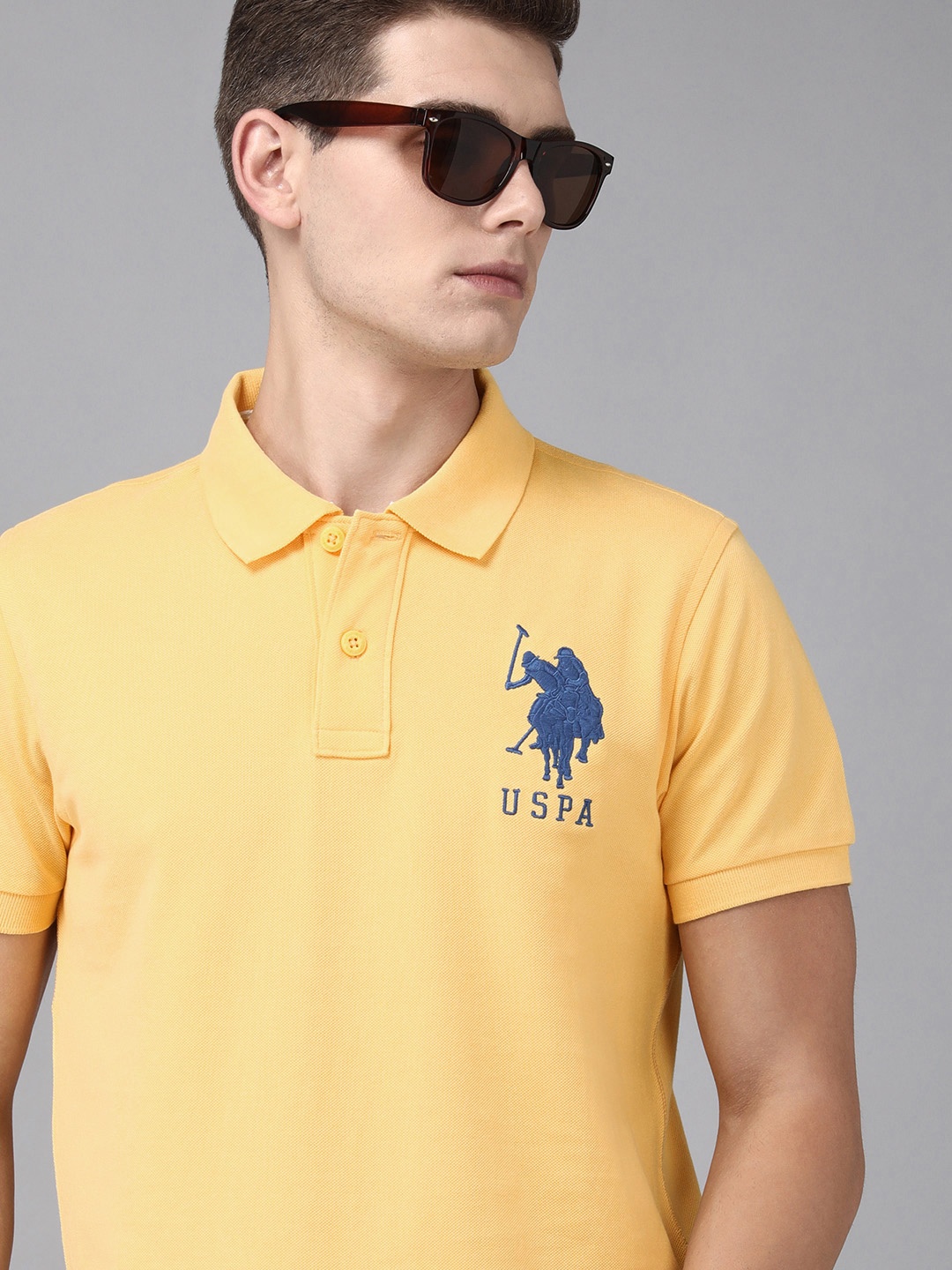 

U S Polo Assn Men Yellow & Blue Brand Logo Printed Polo Collar Slim Fit T-shirt