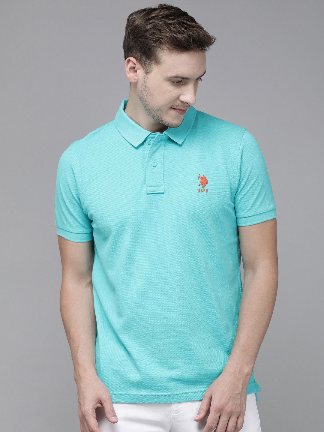 

U S Polo Assn Men Turquoise Blue Brand Logo Printed Polo Collar Pure Cotton Slim Fit T-shirt