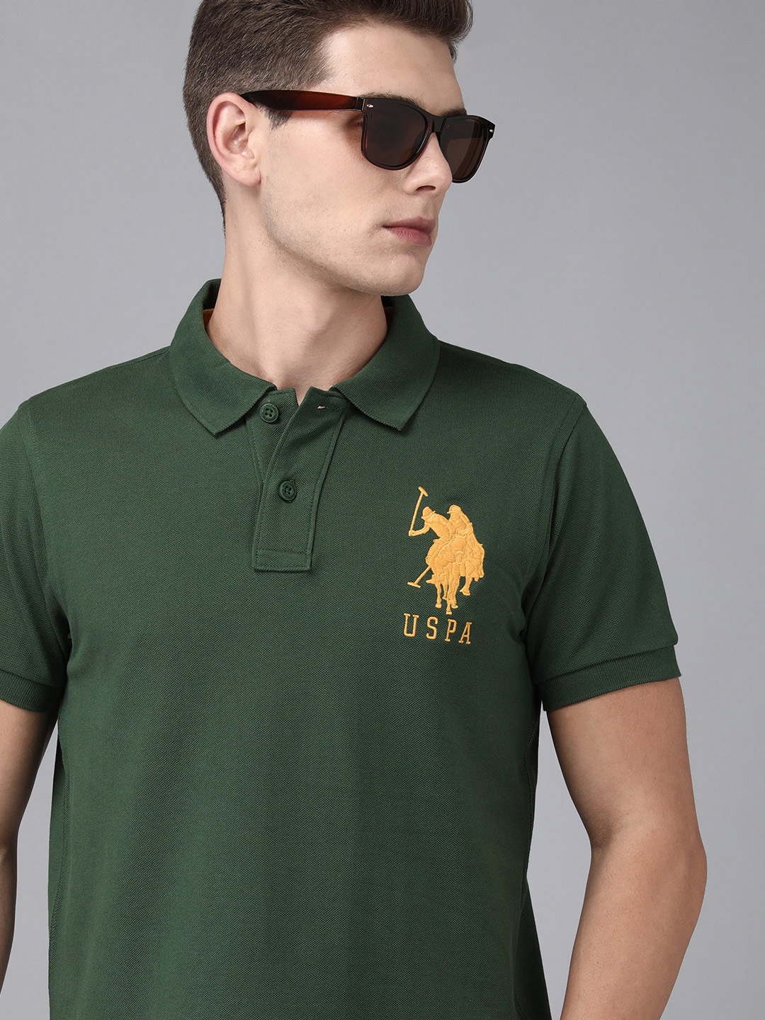 

U S Polo Assn Men Green Solid Polo Collar Slim Fit T-shirt