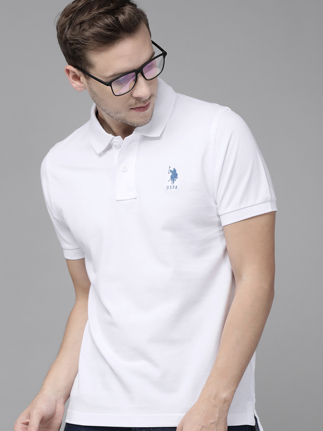 

U S Polo Assn Men White Brand Logo Printed Polo Collar Pure Cotton Slim Fit T-shirt