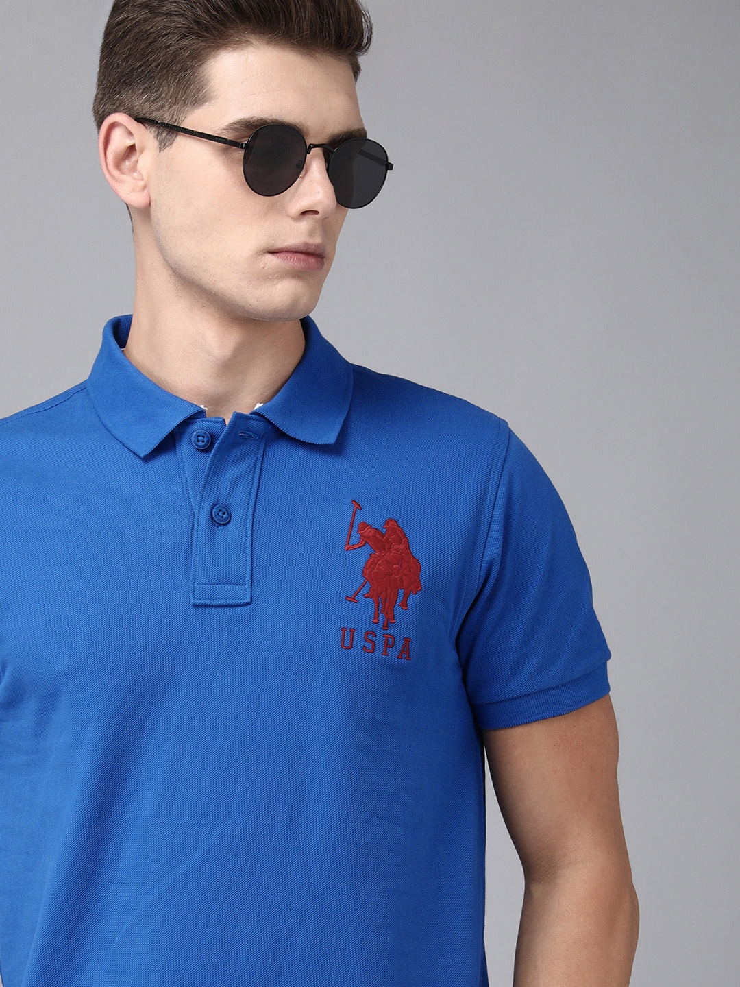 

U S Polo Assn Men Blue Brand Logo Printed Polo Collar Pure Cotton Slim Fit T-shirt