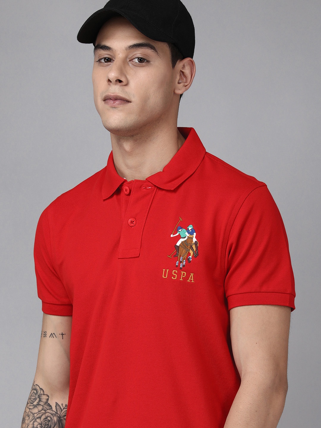 

U S Polo Assn Men Red Brand Logo Printed Polo Collar Slim Fit T-shirt