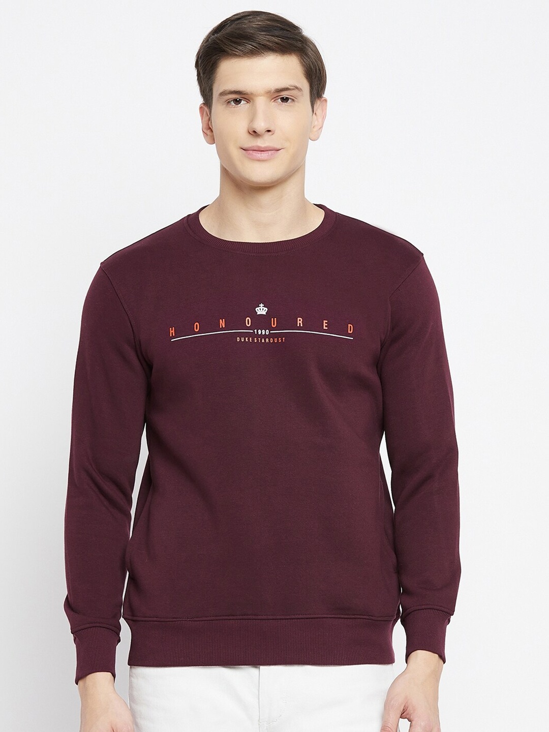 

Duke Men Burgundy & White Typography Printed Woollen Sweaters