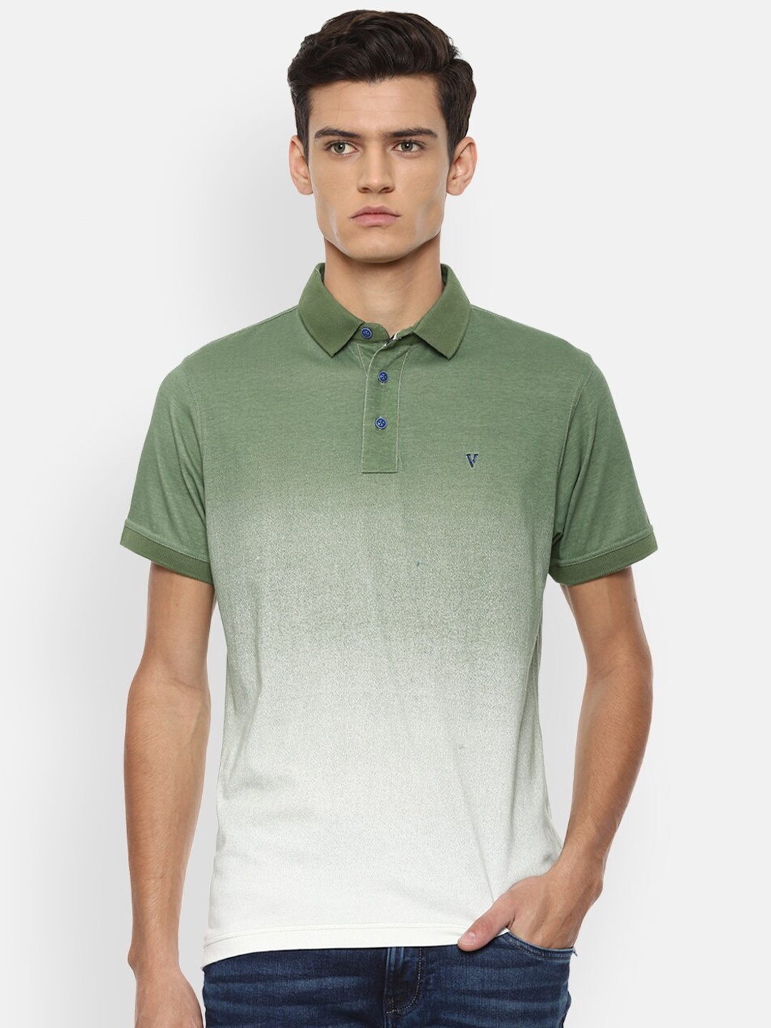 

VAN HEUSEN DENIM LABS Men Green Dyed Polo Collar T-shirt