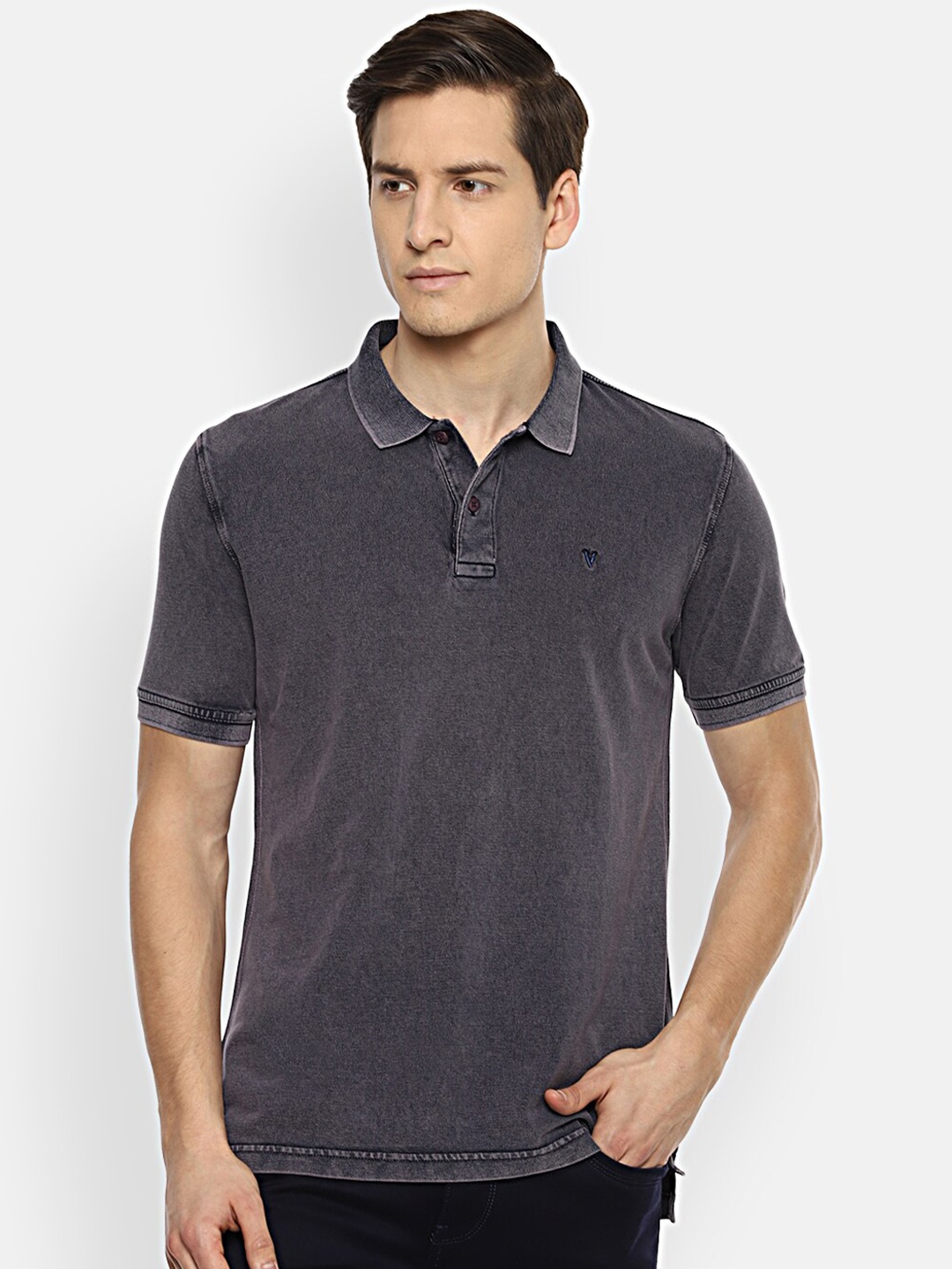 

VAN HEUSEN DENIM LABS Men Grey Polo Collar Applique T-shirt