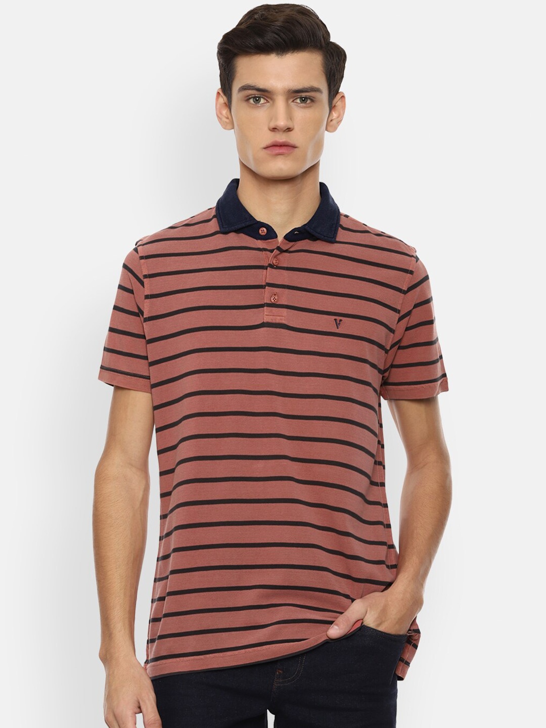 

VAN HEUSEN DENIM LABS Men Red Striped Polo Collar Pockets T-shirt