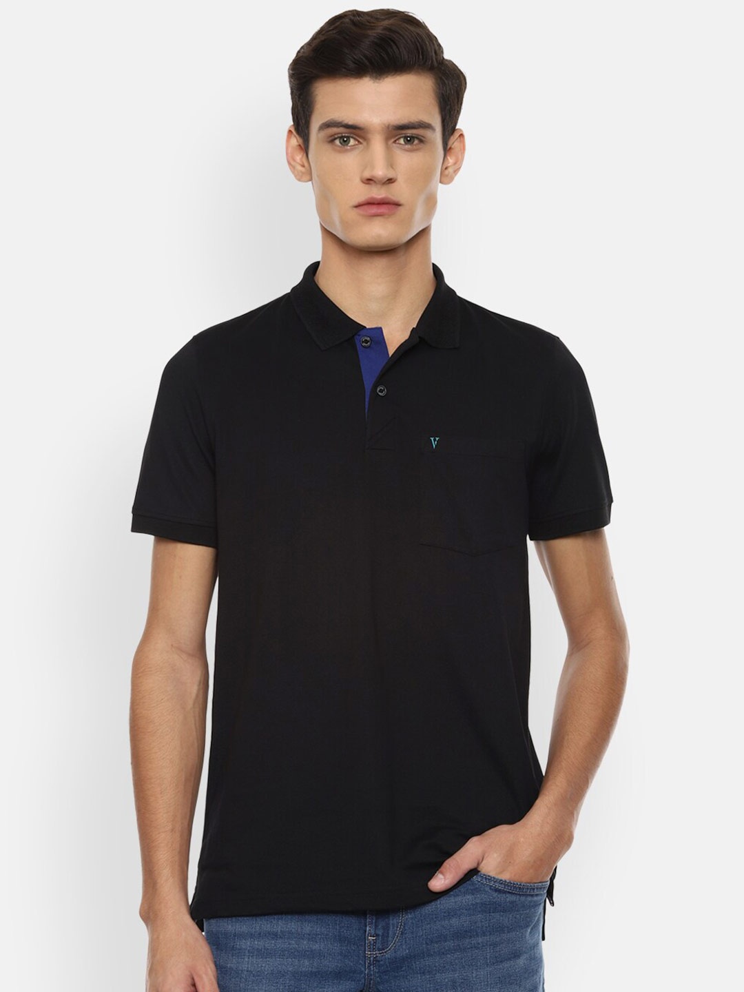 

Van Heusen Sport Men Black Mandarin Collar Pockets T-shirt