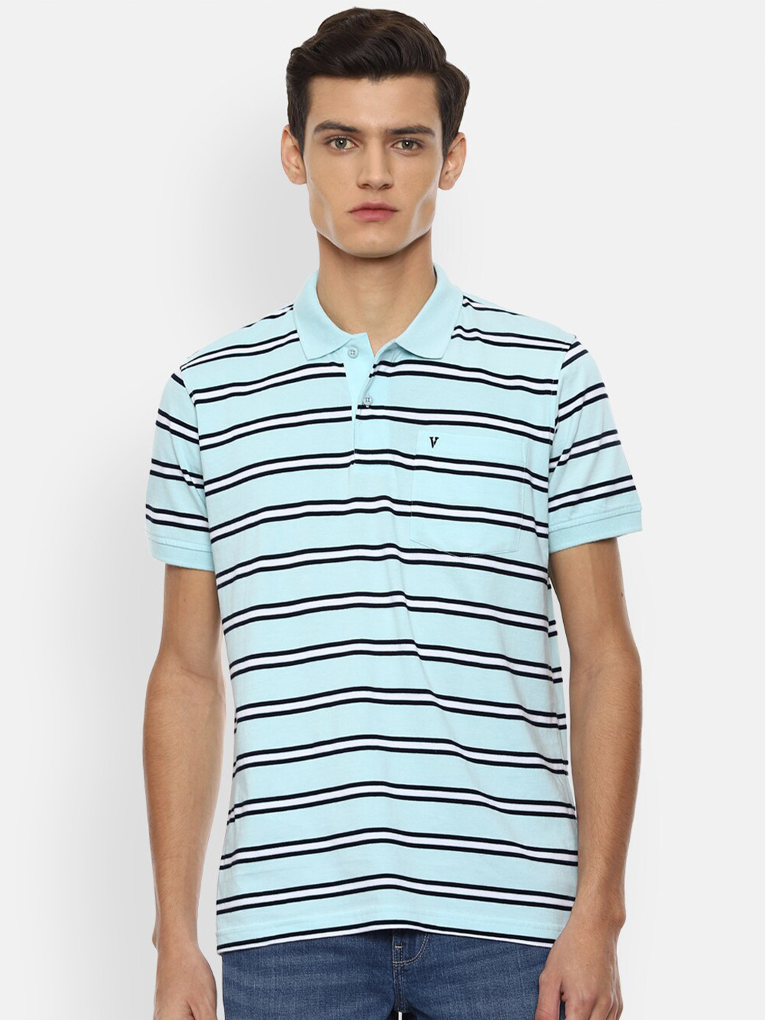 

Van Heusen Sport Men Blue Striped Polo Collar Pockets T-shirt