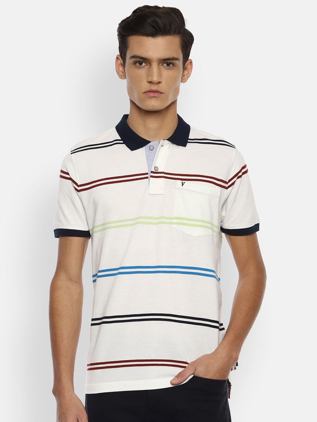 

Van Heusen Sport Men White Striped Polo Collar Pockets T-shirt