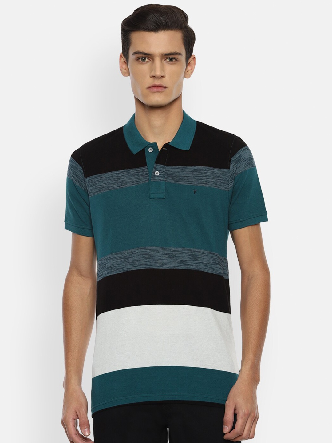 

Van Heusen Sport Men Green Striped Polo Collar Pockets T-shirt