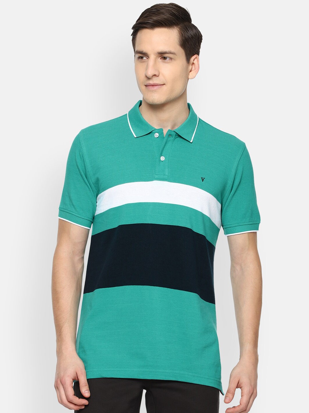 

Van Heusen Sport Men Green Striped Polo Collar T-shirt