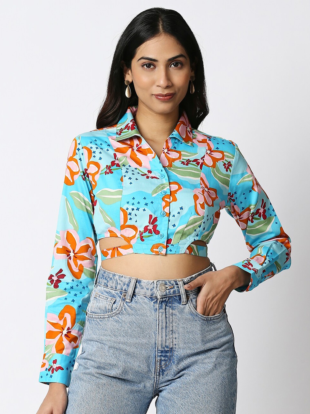 

20Dresses Blue Floral Print Shirt Style Crop Top