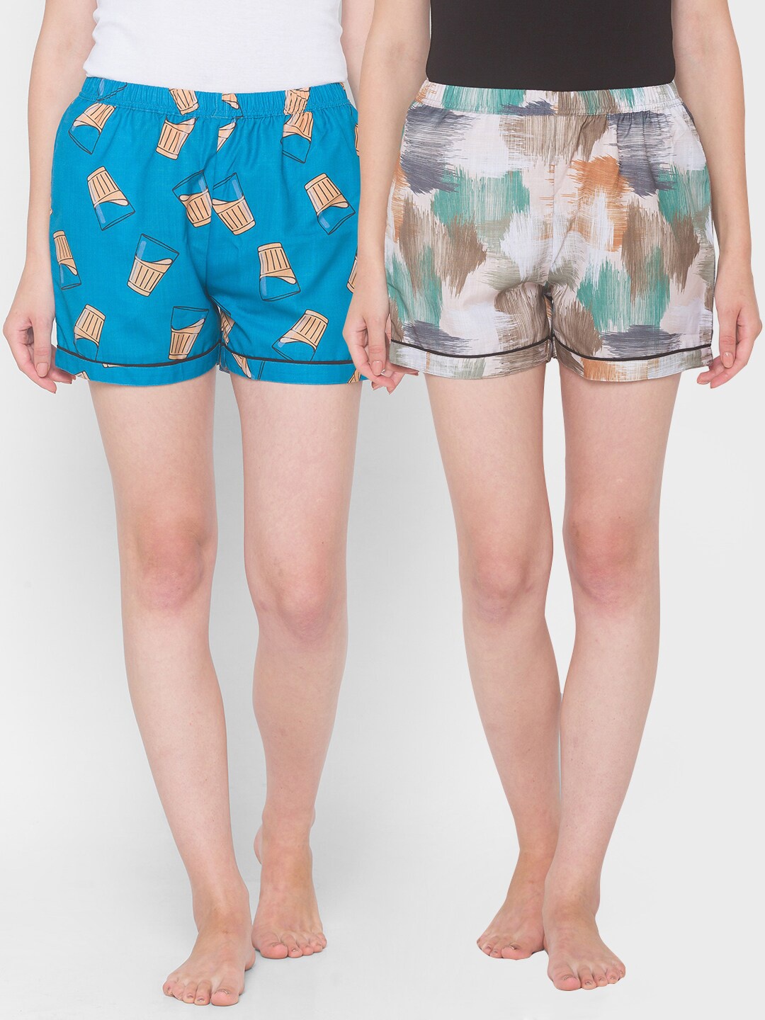 

FashionRack Set Of 2 Women Beige & Blue Printed Lounge Shorts