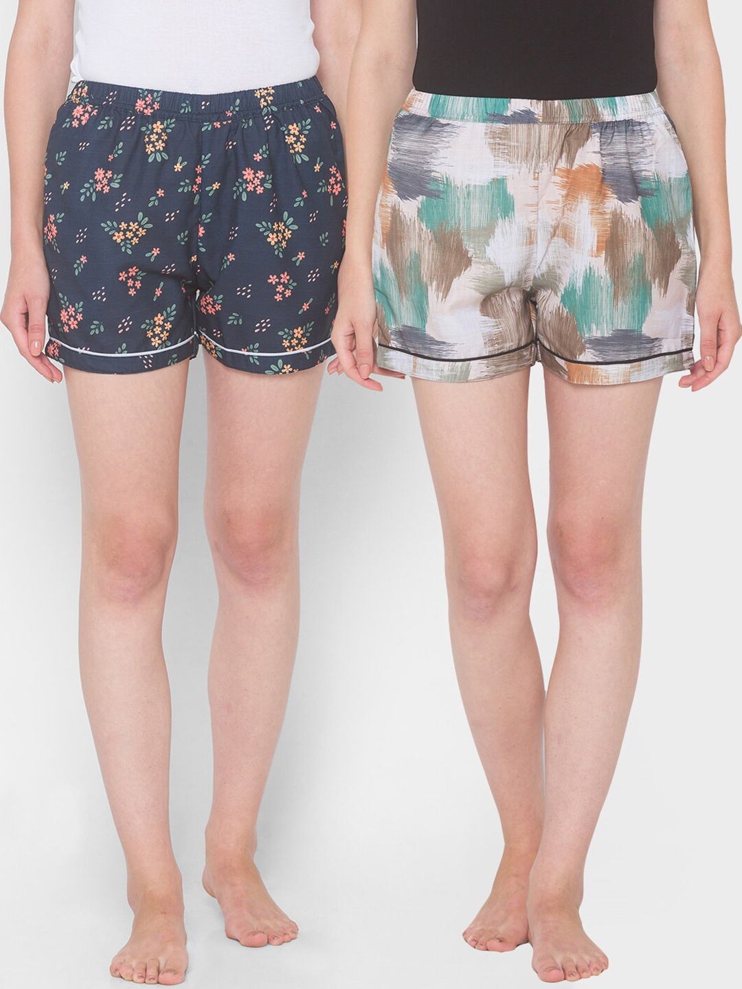 

FashionRack Women Pack Of 2 Beige & White Printed Lounge Shorts