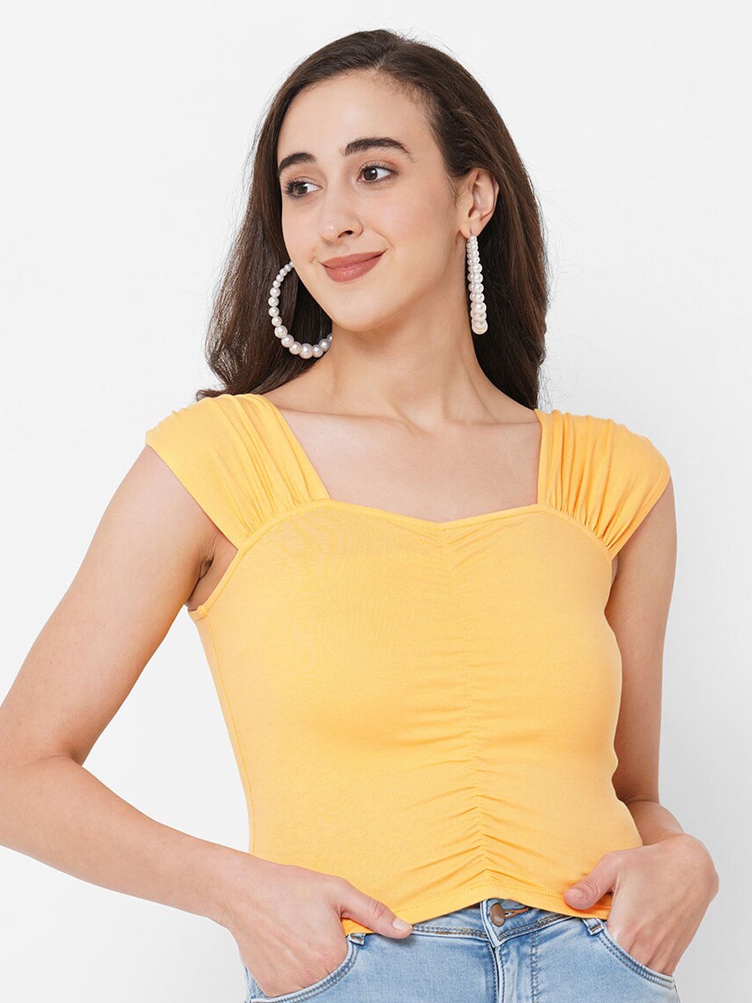

PAPA BRANDS Yellow Solid Sleeveless Pure Cotton Crop Top